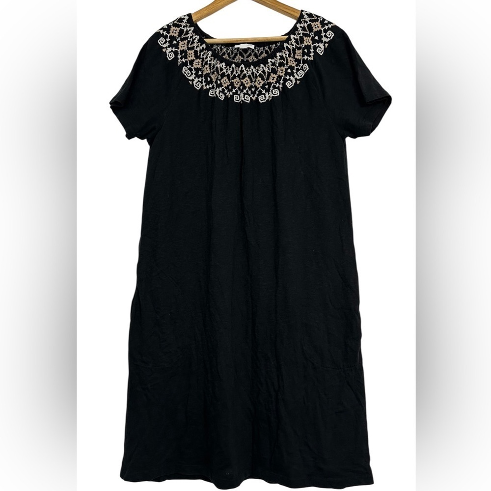 J. Jill 100% Cotton Black and Cream Embellished Sundress with Pockets Size M